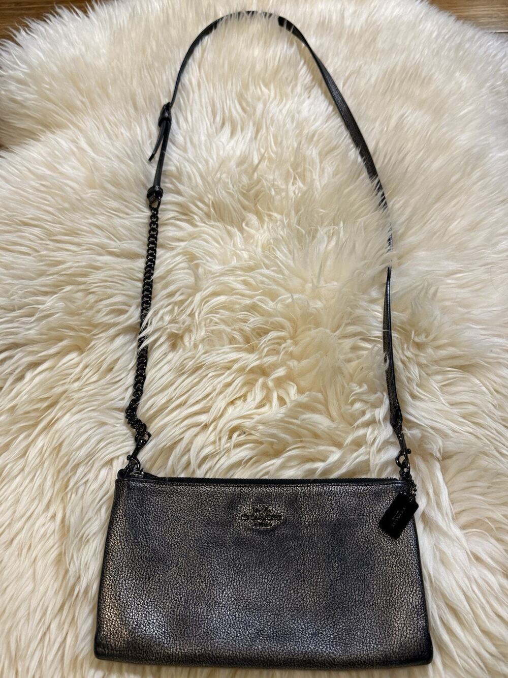 Coach Metallic Pebbled Leather Crossbody Clutch Bag Muted Gold Gunmetal Gray